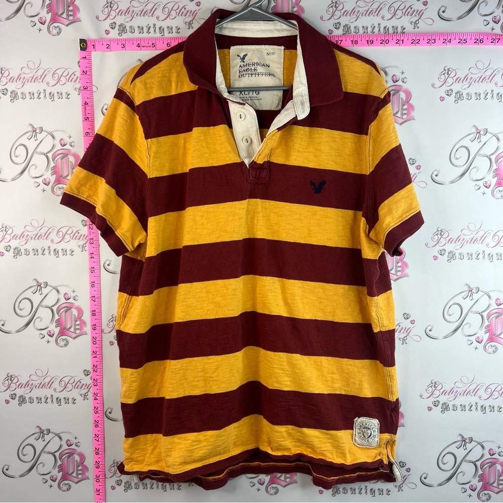 American Eagle T-shirt polo Outfitters Maroon and Mustard Striped Rugby Polo